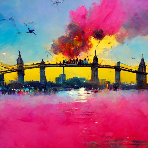 crowds of people jumping off London Bridge on fire, into the blue waters, neon yellow pink skies, multiple helicopters flying over bridge, high resolution