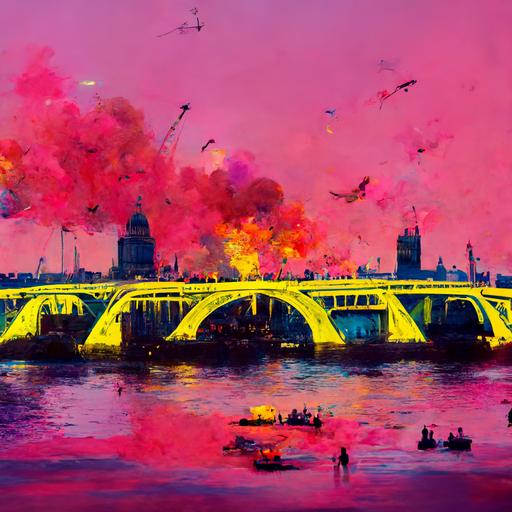 crowds of people jumping off London Bridge on fire, into the blue waters, neon yellow pink skies, multiple helicopters flying over bridge, high resolution