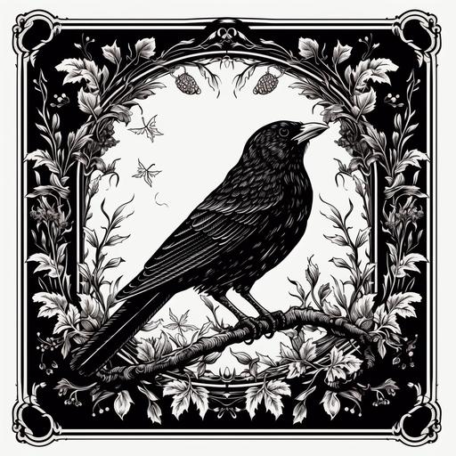 crows open wings, dry plants, oak leaves, dark and occult , pattern, vintage frame, botanic frama, celtic mythology ,wood cut style, engraved vintage, black and white,