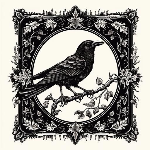 crows open wings, dry plants, oak leaves, dark and occult , pattern, vintage frame, botanic frama, celtic mythology ,wood cut style, engraved vintage, black and white,