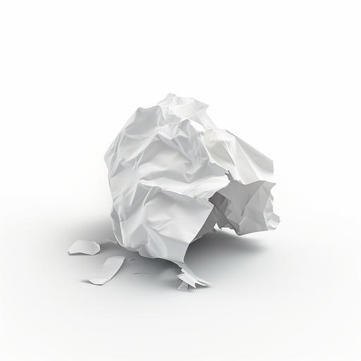 crumbled piece of paper placed on white stock photo, in the style of UHD image, soft-focus, hyper-real, isolated on white background, no shadow in the background, low angle, aspect raio 1:1 --v 6.0 --style raw