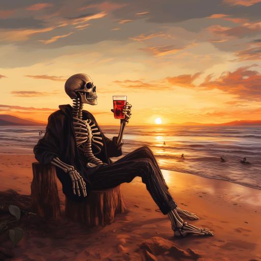 crying skeleton on a beach drinking a beer at sunset