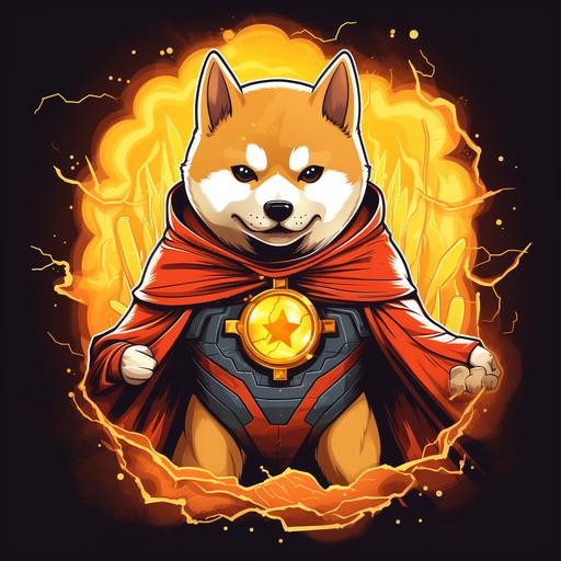 shiba inu dog with a superhero consume with electric power symbol in the chest