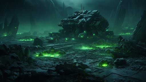 crystals of dark green glowing hellish stone, on a devastated wasteland, warhammer 40k, ruined dark gothic spaceships in the background, grimdark, realistic, detailed, --ar 16:9