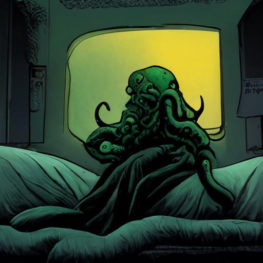 cthulhu laying on a bed talking on the phone, 90s comic style --uplight