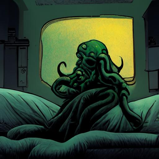 cthulhu laying on a bed talking on the phone, 90s comic style --uplight