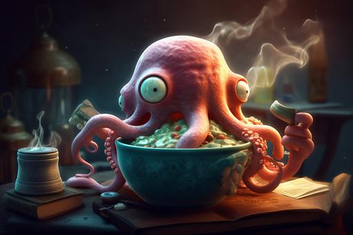 cthulu soup cartoon::5 Whimsical character design::4 Tags: creative, expressive, detailed, colorful, stylized anatomy, high-quality, digital art, 3D rendering, stylized, unique, award-winning, Adobe Photoshop, 3D Studio Max, V-Ray, playful, fantastical::2 plain background, simple, deformed::-2. --ar 3:2 --seed 4647616643 --q 2 --v 5