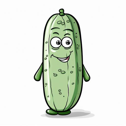 cucumber cartoon coloring book page, white background, black lines, thick lines, no fill, few details, no shadows