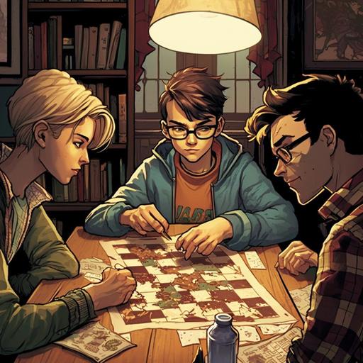 Group of friends playing board games:: graphic novel::1 --v 4 --q 2 --v 4