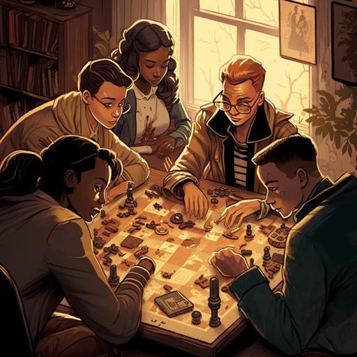 Group of friends playing board games:: graphic novel::1 --v 4 --q 2 --v 4