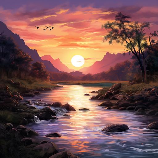 cultivating peace by a flowing river with a beautiful sunset in the background on Realistic sceane