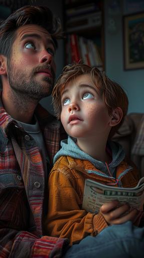 curious child with wide eyes looking up at his father, asking a profound question about the value of human life, in a cozy living room setting.