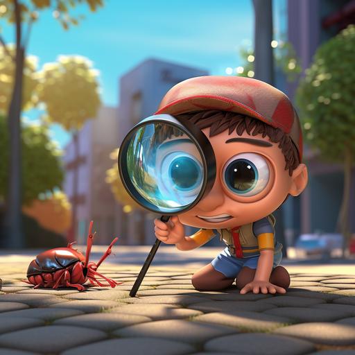 curious kid looking at a colorful bug through a magnifying glass on sidewalk 3D chibi