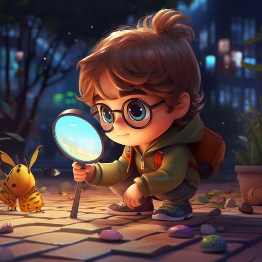 curious kid looking at a colorful bug through a magnifying glass on sidewalk 3D chibi