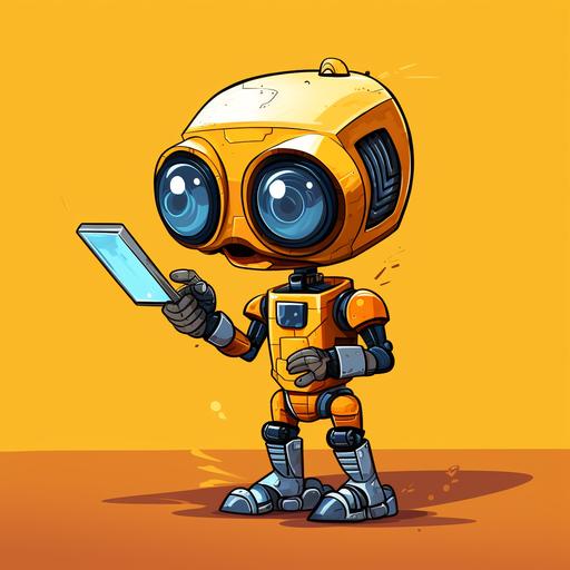 curious robot with a magnifying glass, cartoon, profile picture, yellow background