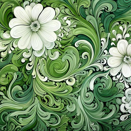 curls and swirls of ocean waves of white and seaweed green batik flower shapes