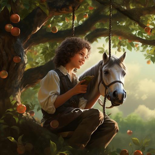 curly hair peach farm horses eating apples. Boy on tree swing. Morning dew