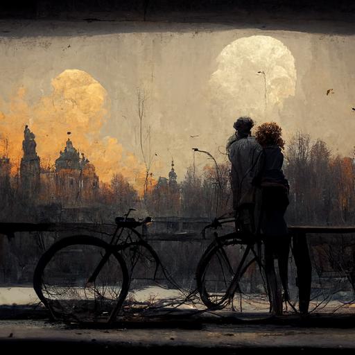 curly haired man and blonde woman kissing :: horizontal concrete bridge :: large full moon :: daylight :: bicycle