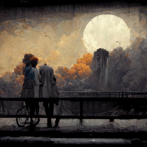 curly haired man and blonde woman kissing :: horizontal concrete bridge :: large full moon :: daylight :: bicycle