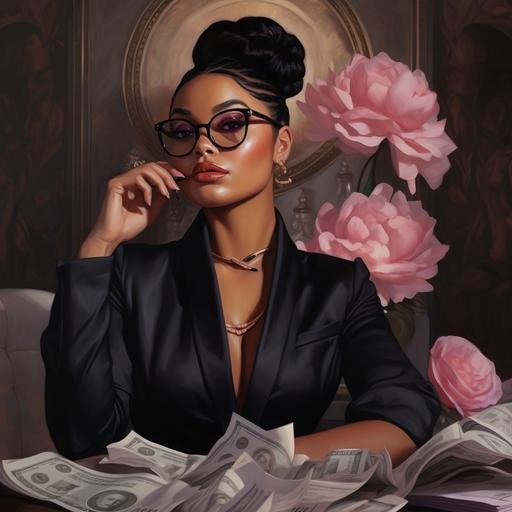 curvaceous beautiful black woman. Light skin. Braided black hair in bun. Wear black fitted suit. She has on large frame black glasses. Gold jewelry. She holding up a million dollar check. Working in chic pink black and silver boutik.