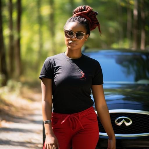 curvaceous exotic light skin tone Caribbean woman. Black hair braided into a top bun. She’s wearing oversized black sunglasses. A red fitted Tshirt with the Beloved logo on the front. Fitted black pants. She’s standing by her black SUV that has the Infiniti emblem on the front grill. Sunny day. Location is a wooded trail