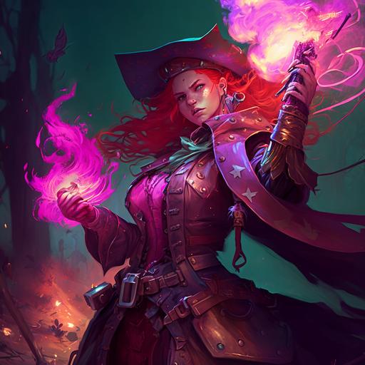 curvacious elf with pointy ears, holding pistol in one hand shooting eldritch blast, long red hair, happy face, magical cowboy hat, fire sparks in background, wizard robe with armor, red eyes, d&d artstyle, djin jewelry, young adult, muscular, pink skin
