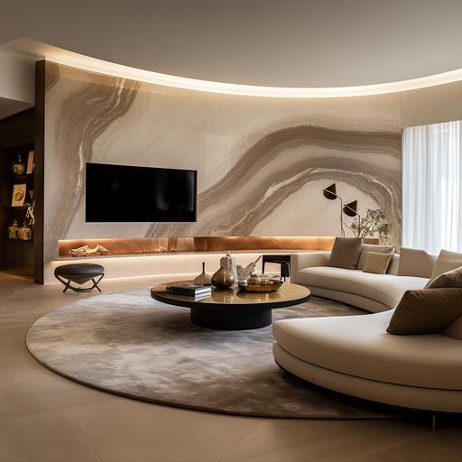 curved feature TV wall in living room constructed out of beige marble