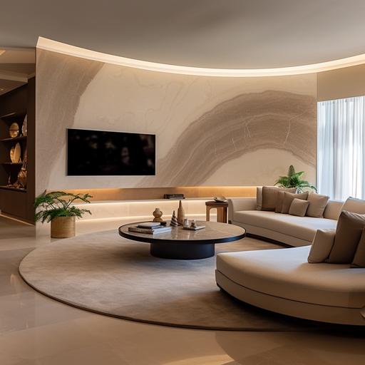 curved feature TV wall in living room constructed out of beige marble in a resort hotel setting