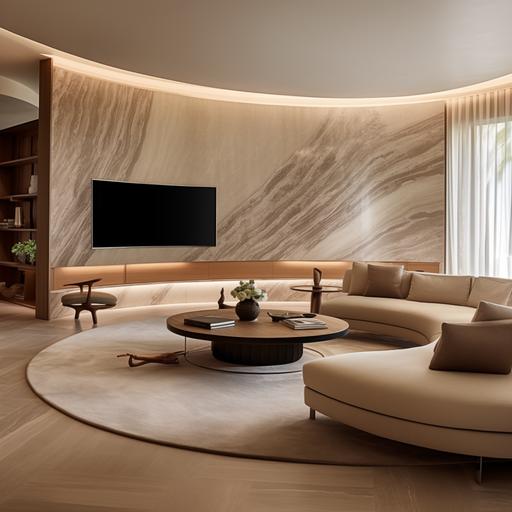 curved feature TV wall in living room with timber ceiling constructed out of beige marble in a resort hotel room no white ceiling --v 5.2