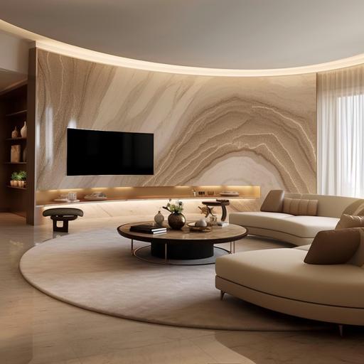 curved feature TV wall in living room with timber ceiling constructed out of beige marble in a resort hotel room --v 5.2
