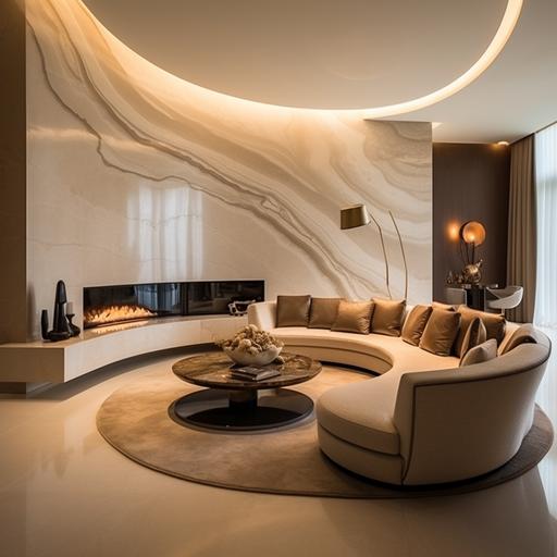 curved feature wall in living room constructed out of beige marble