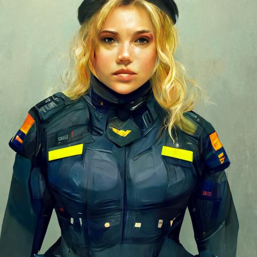 curvy blonde police woman, cop, fun, armor, cap, cyberpunk