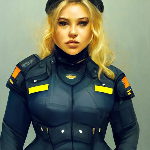 curvy blonde police woman, cop, fun, armor, cap, cyberpunk --uplight