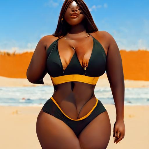 curvy thick ebony woman bikini beach sunny full body realistic 4k uhd
