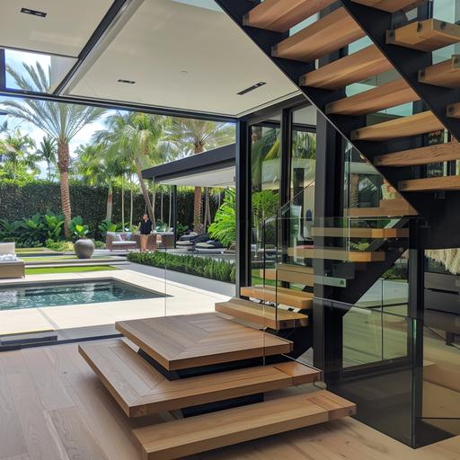 custom floating staircase made from white Oak with a center metal stringer painted black mat. This is for a modern home in Miami Beach Florida. The staircase has glass Ayling. On the background, there is beautiful gardens, and a pool and people hanging out.