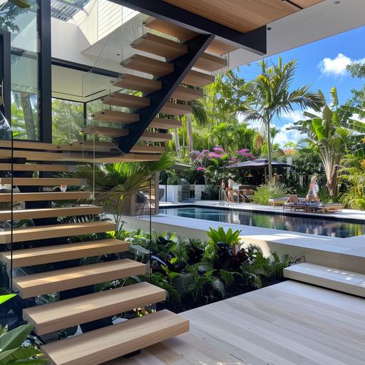 custom floating staircase made from white Oak with a center metal stringer painted black mat. This is for a modern home in Miami Beach Florida. The staircase has glass Ayling. On the background, there is beautiful gardens, and a pool and people hanging out.