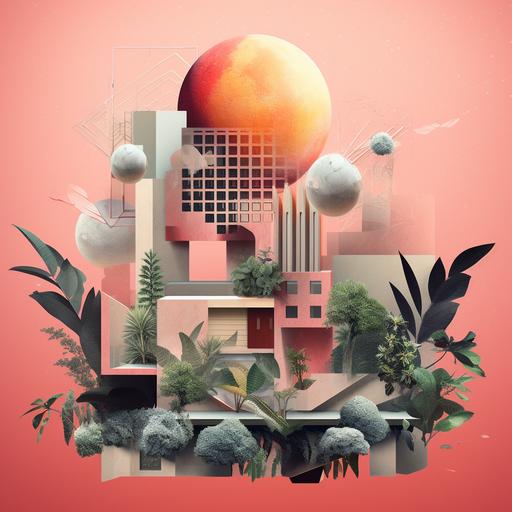 cut out collage:: peach and palm trees growing out of a floating holographic cube :: minimal sketch :: architectural collage :: brand logo :: neon lights :: geometric patterns of 2D block prints :: zoom of a plant cells under microscope