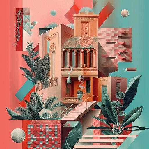 cut out collage:: peach and palm trees growing out of a floating holographic cube :: minimal sketch :: architectural collage :: brand logo :: neon lights :: geometric patterns of 2D block prints :: zoom of a plant cells under microscope