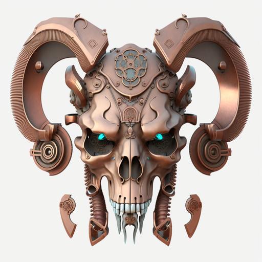 cut-out images, skull ram, cartoon, front view, steampunk spectacular, petrol, rose gold, copper, metal, realistic, white background, s 1000