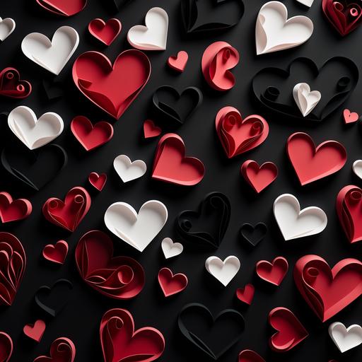 cut out out of paper red and white hearts, black background, wallpaper