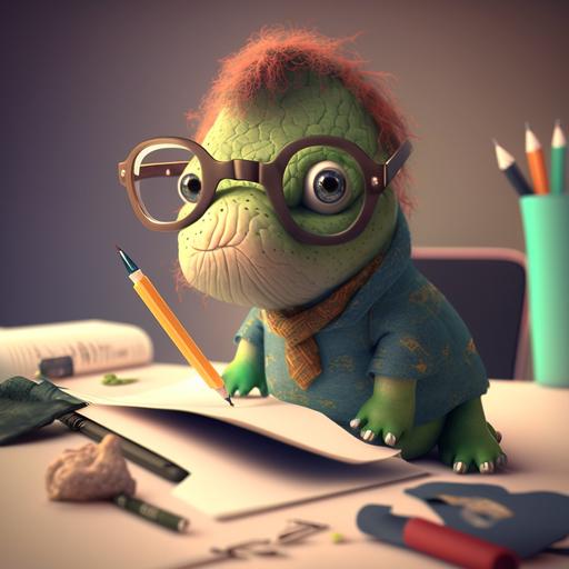 cute 3d baby dino as a creative, dressed like a hipster, with long hair and a beard, drawing something in a cool desk