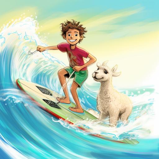 cute 7 year old boy surfing with cute llama, children book style, boy wearing surfer shorts and the cute llama smiling. Crayon and watercolor style children book sea and wave in background--v 4