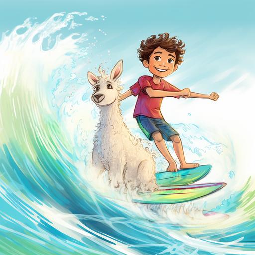 cute 7 year old boy surfing with cute llama, children book style, boy wearing surfer shorts and the cute llama smiling. Crayon and watercolor style children book sea and wave in background--v 4