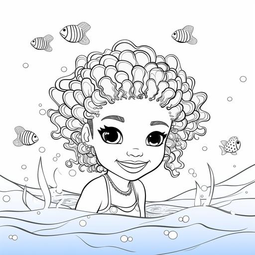 cute African mermaid wearing small afro ponytail hairstyle, swimming with waves in the ocean , simple outline and shapes, coloring page for children, black and white comic book flat vector, white background, white interior ar 4:5