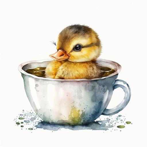 cute Baby Duck in Tea Cup in style of cartoon and watercolor in white background