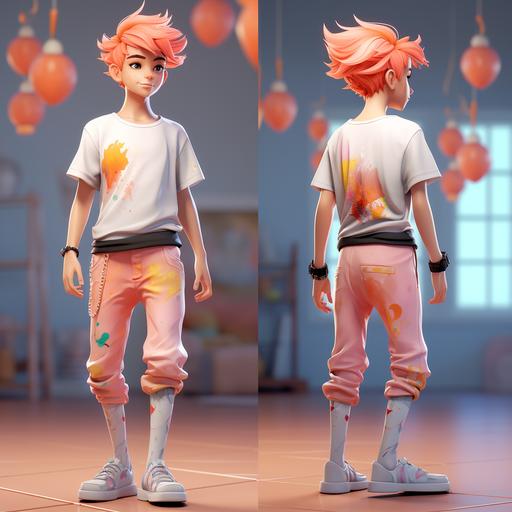 cute CGI 15 year old boy with pink hair, skinny and tall, white shirt, orange and blue pants, orange shoes, pastel colours, lots of different angles
