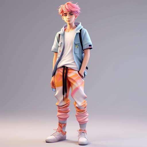 cute CGI 15 year old boy with pink hair, skinny and tall, white shirt, orange and blue pants, orange shoes, pastel colours, character sheets