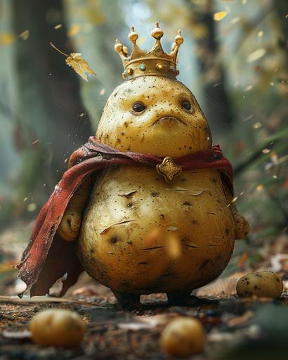 cute Potato kingdom with king on cape with little potatoes no arms and feet just potato shape, --ar 4:5 --s 250