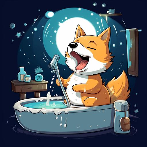 cute Shiba Inu brushing teeth before bed, cartoon style