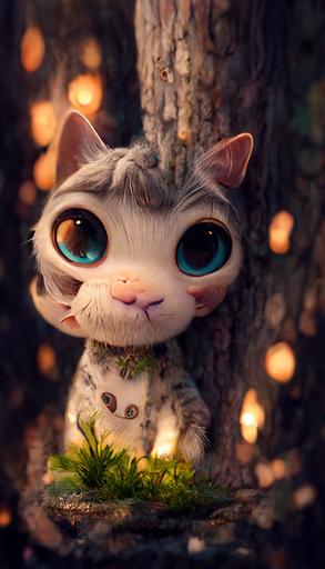 cute adorable American shorthair cat with hairy tail is sitting on tree trunk, big eyes, forest, Pixar,Dreamworks, Character design, soft cinematic lighting, 8k,intricate details,portrait, Pixar style character, old fashioned movie style --ar 9:16